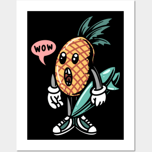 Cartoon Surprised Pineapple Surfer Posters and Art